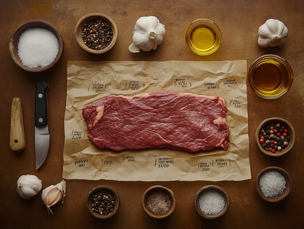 Raw skirt steak on butcher’s paper, surrounded by garlic, olive oil, and seasonings, with labels showing inside and outside skirt steak