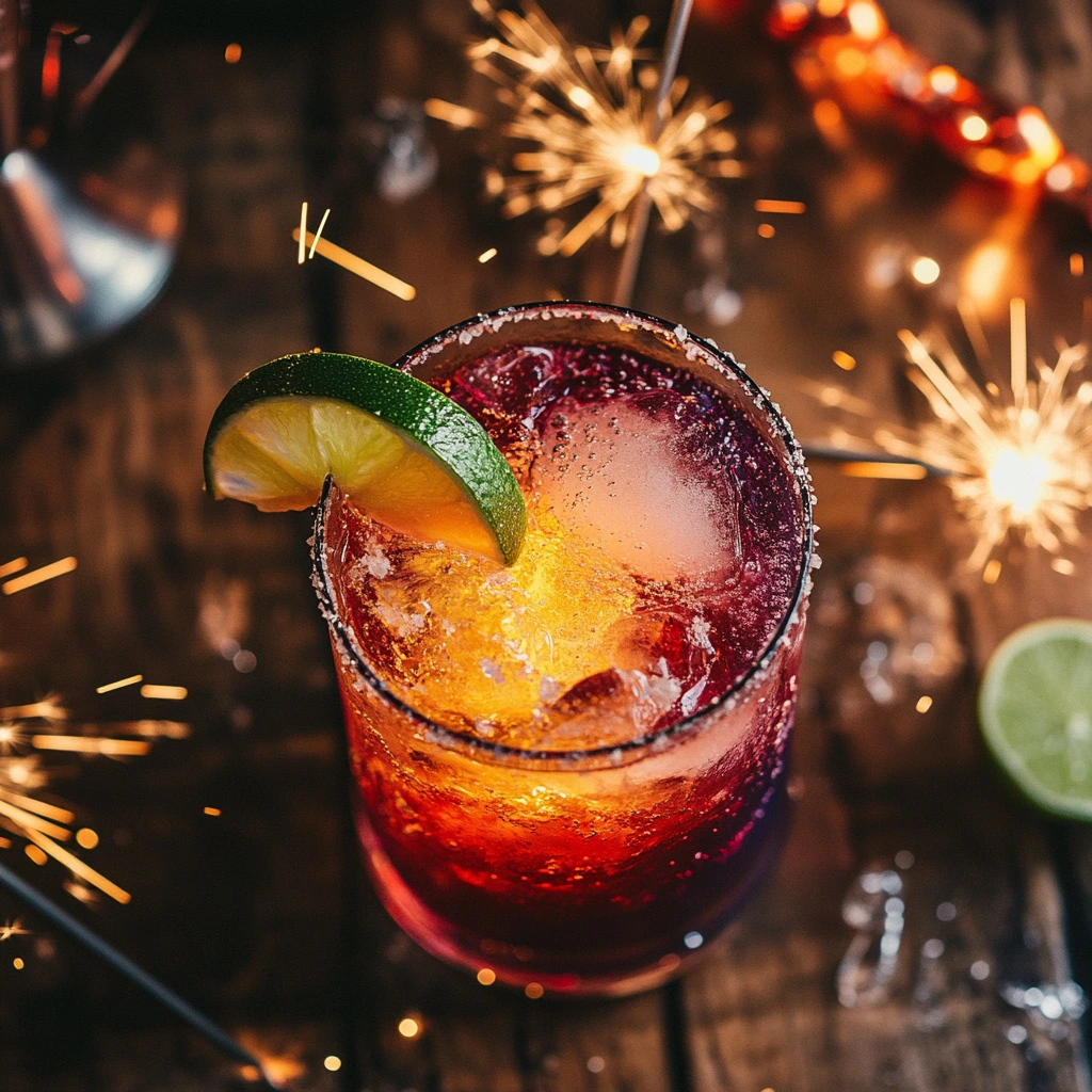 "Vibrant Vegas Bomb shot with whiskey, peach schnapps, cranberry juice, and Red Bull surrounded by party decorations and sparklers."