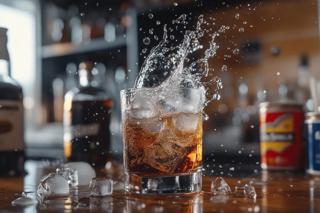 “Close-up shot of a Vegas Bomb drink with a shot glass dropped into an energy drink, creating a bubbly and fizzy splash effect.”