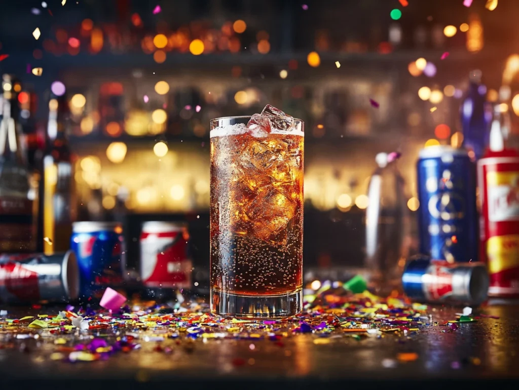  “A festive Vegas Bomb drink surrounded by shot glasses, Red Bull cans, and colorful party decorations, creating a celebratory bar atmosphere.”