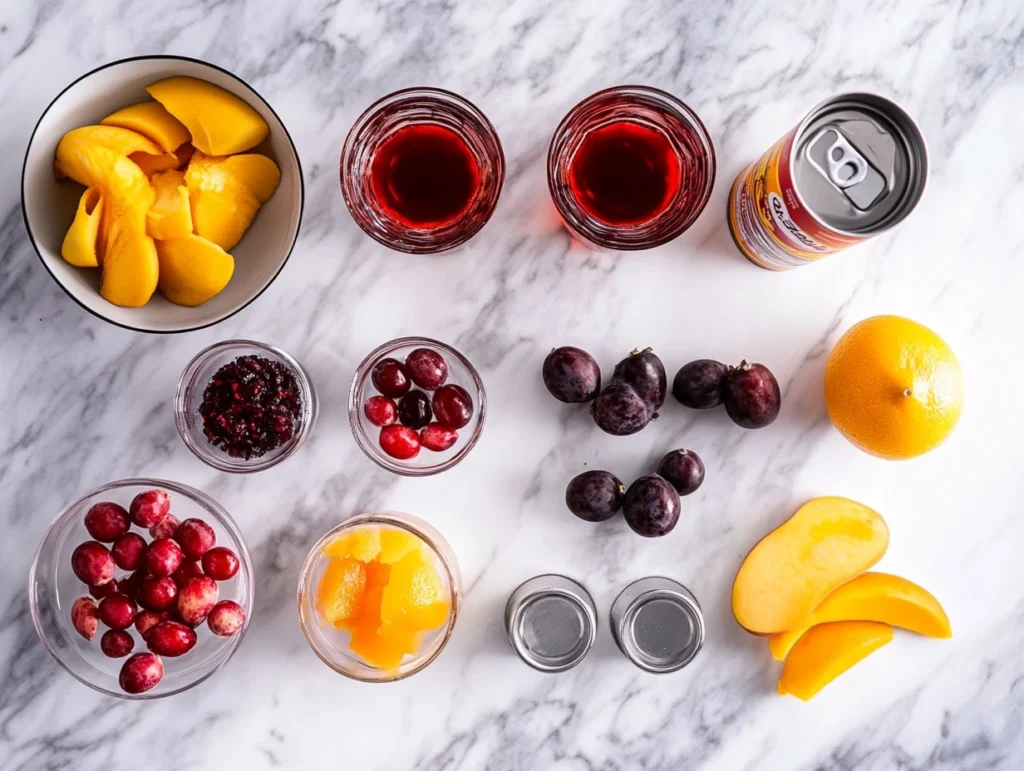 "Flat lay of Vegas Bomb ingredients including whiskey, Peach Schnapps, cranberry juice, Red Bull, and a cocktail shaker on a marble counter."