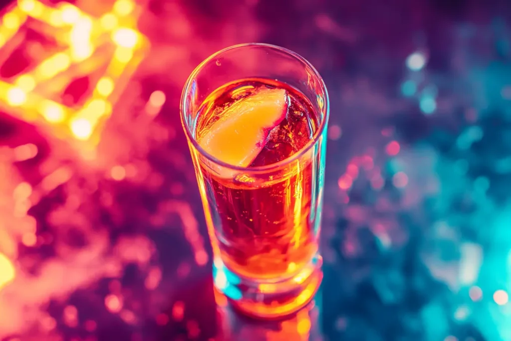 Vegas Bomb shot in a high-energy bar setting with vibrant colors and neon lights