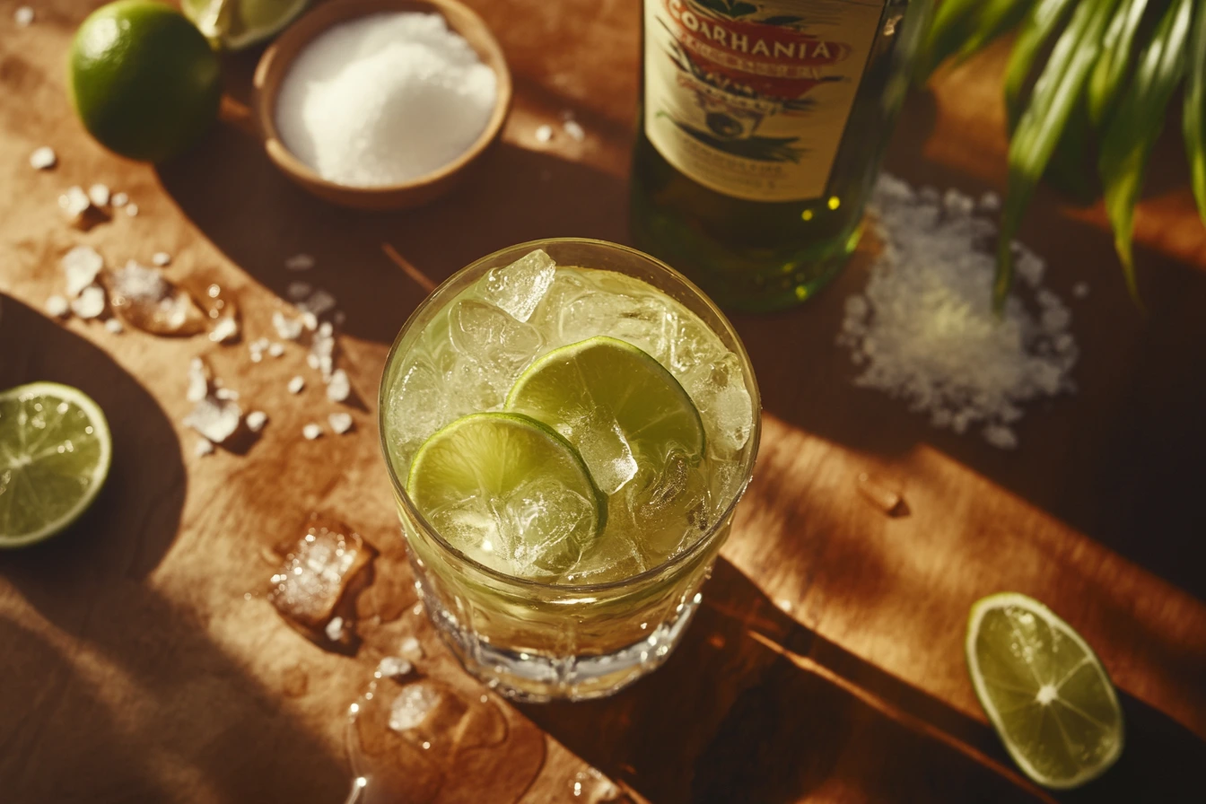 A vibrant caipirinha cocktail with fresh lime slices, sugar, and crushed ice on a wooden countertop, capturing the essence of Brazilian culture.