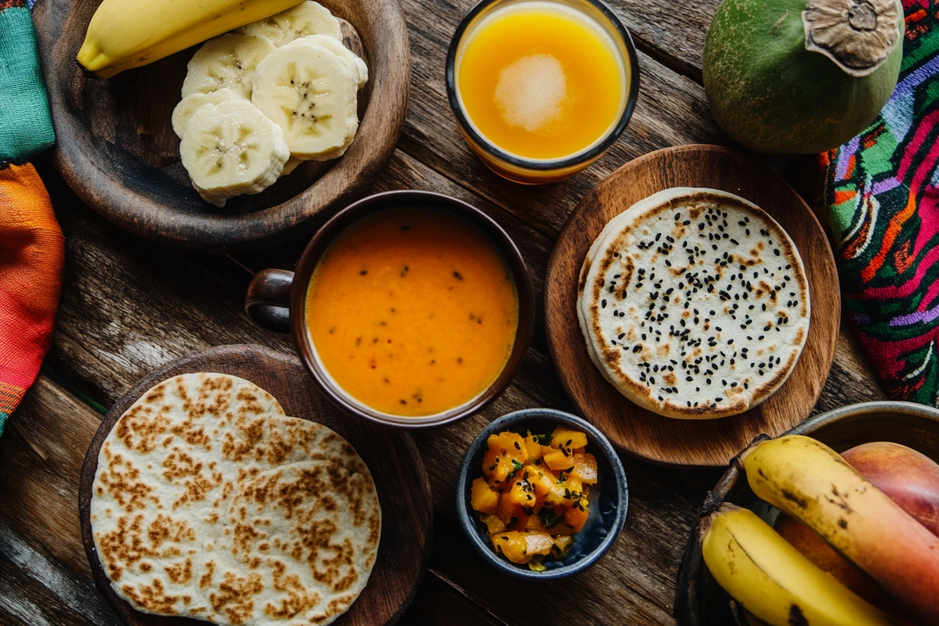 Traditional Colombian breakfast table with tinto, fresh juice, and aromatic tea alongside arepas, pandebono, and tropical fruits.