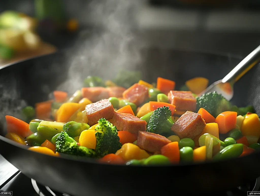 Wok with Spam and vegetable stir-fry featuring broccoli, bell peppers, carrots, and snap peas, steaming and vibrant.