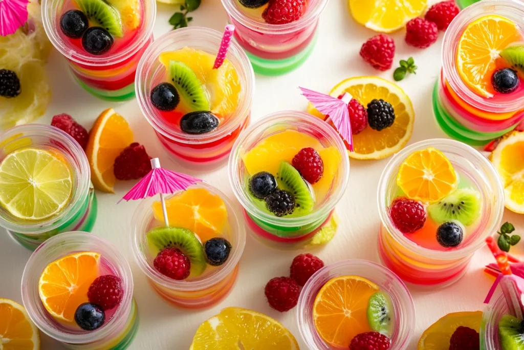 Colorful jello shots with vibrant layers and fresh fruit garnishes served on a tropical-themed tray for a fun summer party.