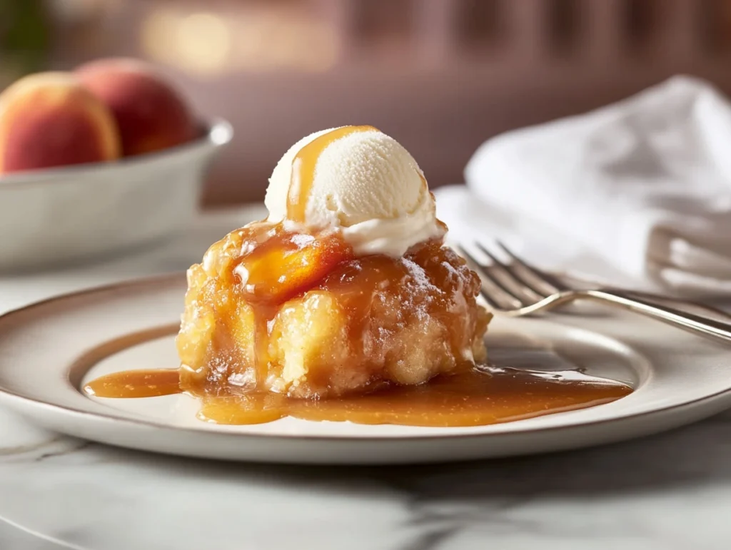 A warm serving of peach cobbler topped with vanilla ice cream and caramel drizzle on a white plate.