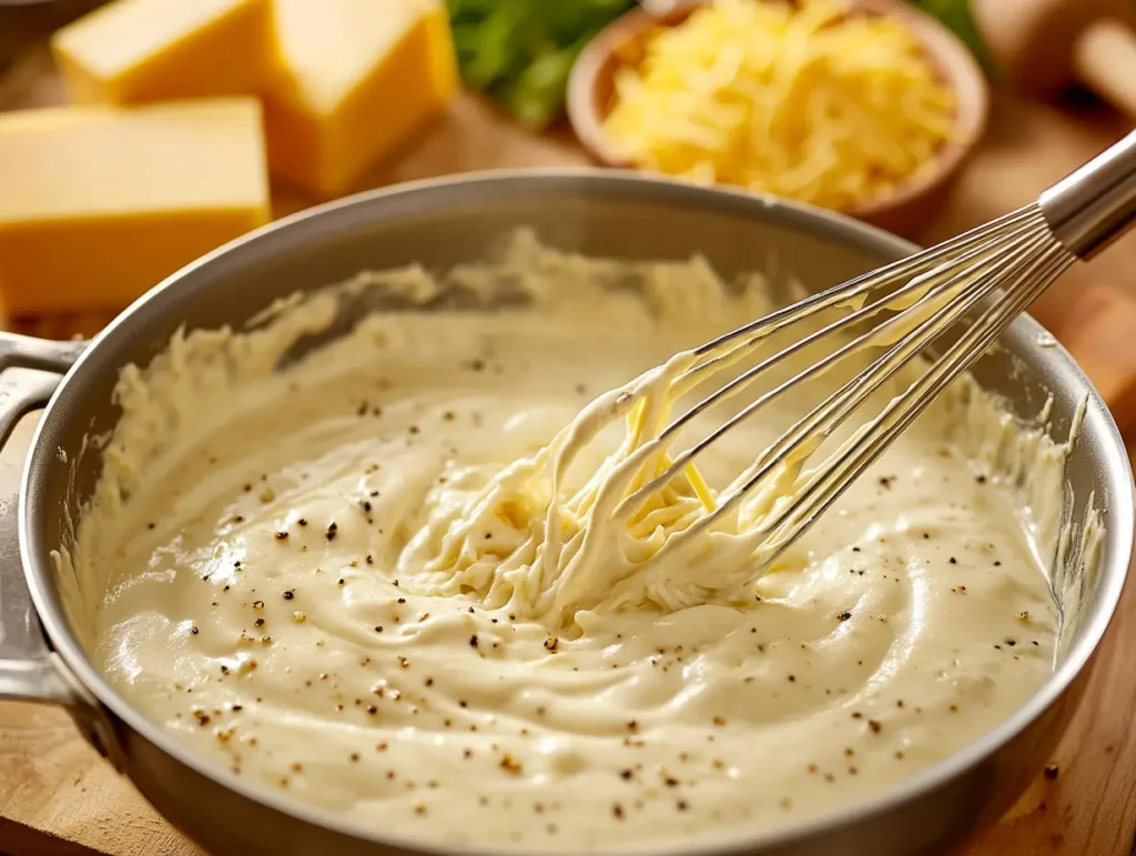 A creamy cheese sauce being whisked in a saucepan, with shredded cheese and blocks of cheddar in the background.