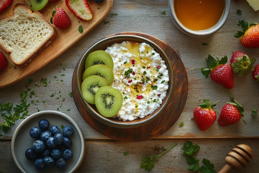 Rustic breakfast scene featuring cottage cheese with fresh fruits and toast.