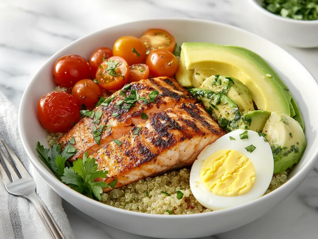 Close-up view of a salmon breakfast bowl with quinoa, grilled salmon, avocado, cherry tomatoes, a soft-boiled egg, and fresh herbs.