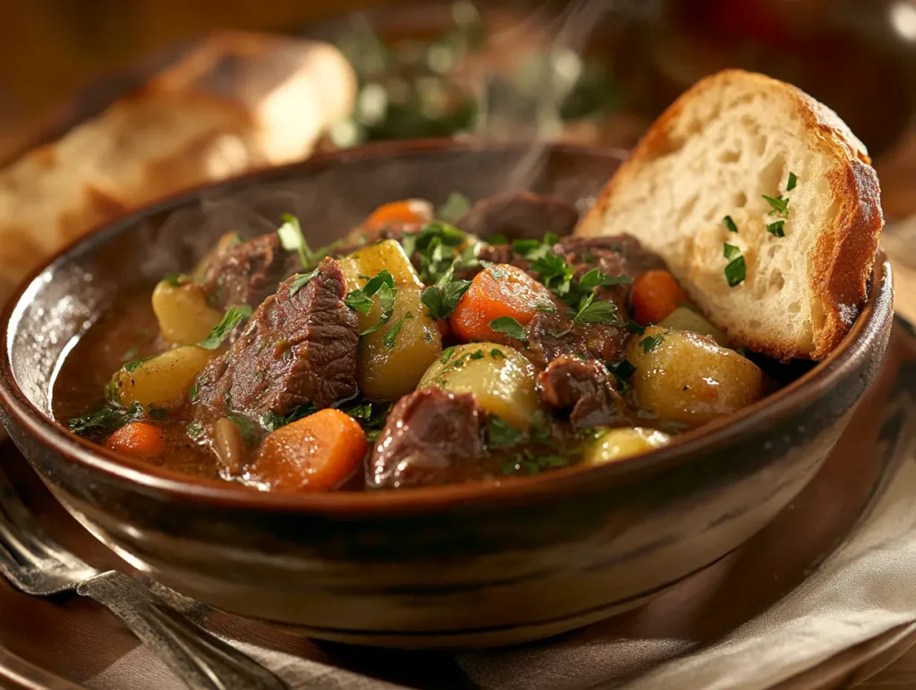  "Beef heart stew served in a bowl with crusty bread and fresh parsley, creating a hearty, satisfying meal."