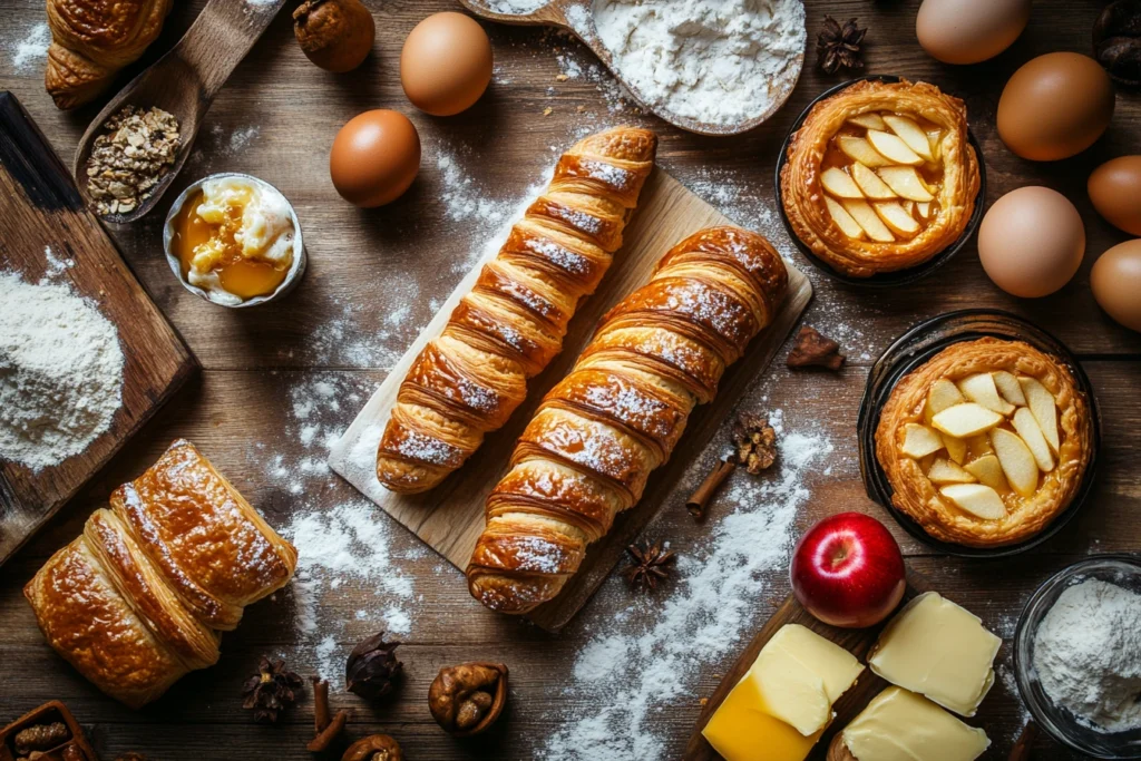 An inviting assortment of pastries, including croissants, apple tarts, éclairs, and baklava, beautifully displayed on a rustic wooden table.