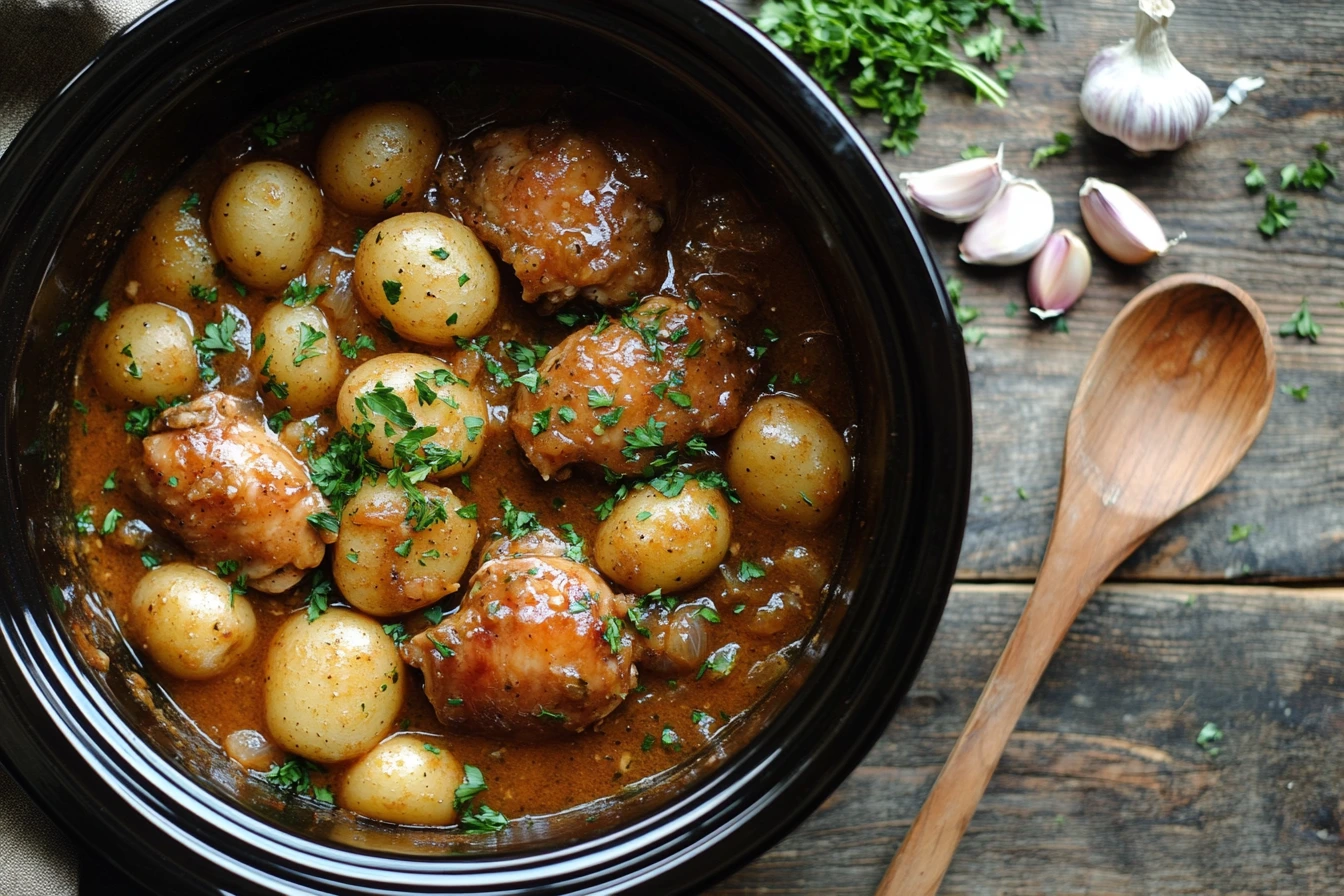 Creamy garlic chicken and potatoes in a crock pot, garnished with fresh parsley