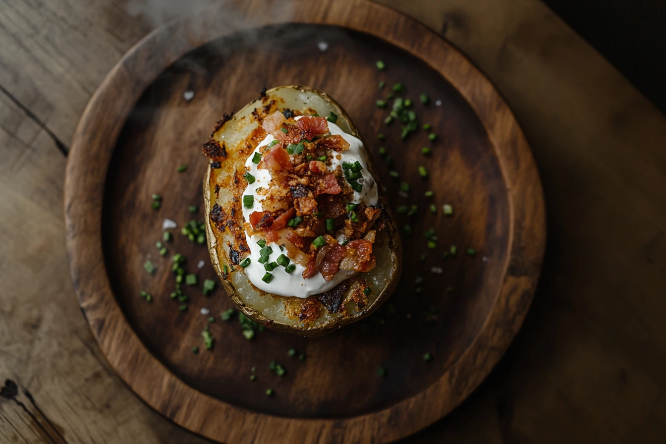 Close-up of a crispy baked potato topped with sour cream, chives, and bacon, served on a wooden plate.