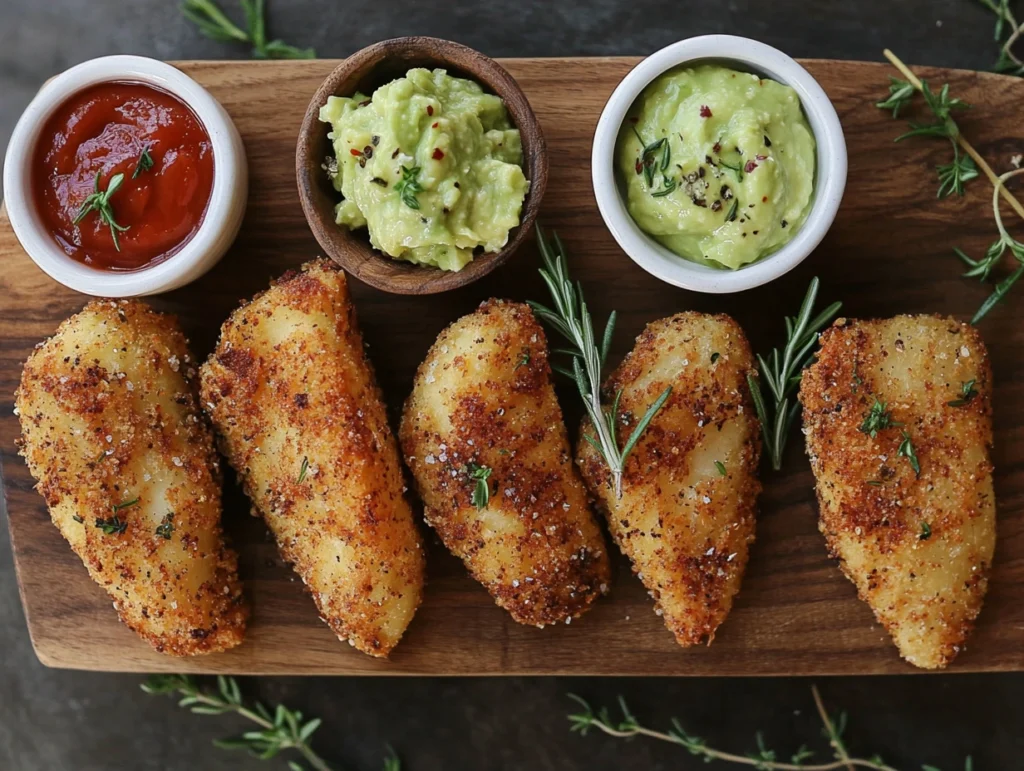 Crispy potato wedges served with ranch, ketchup, and guacamole on a wooden board