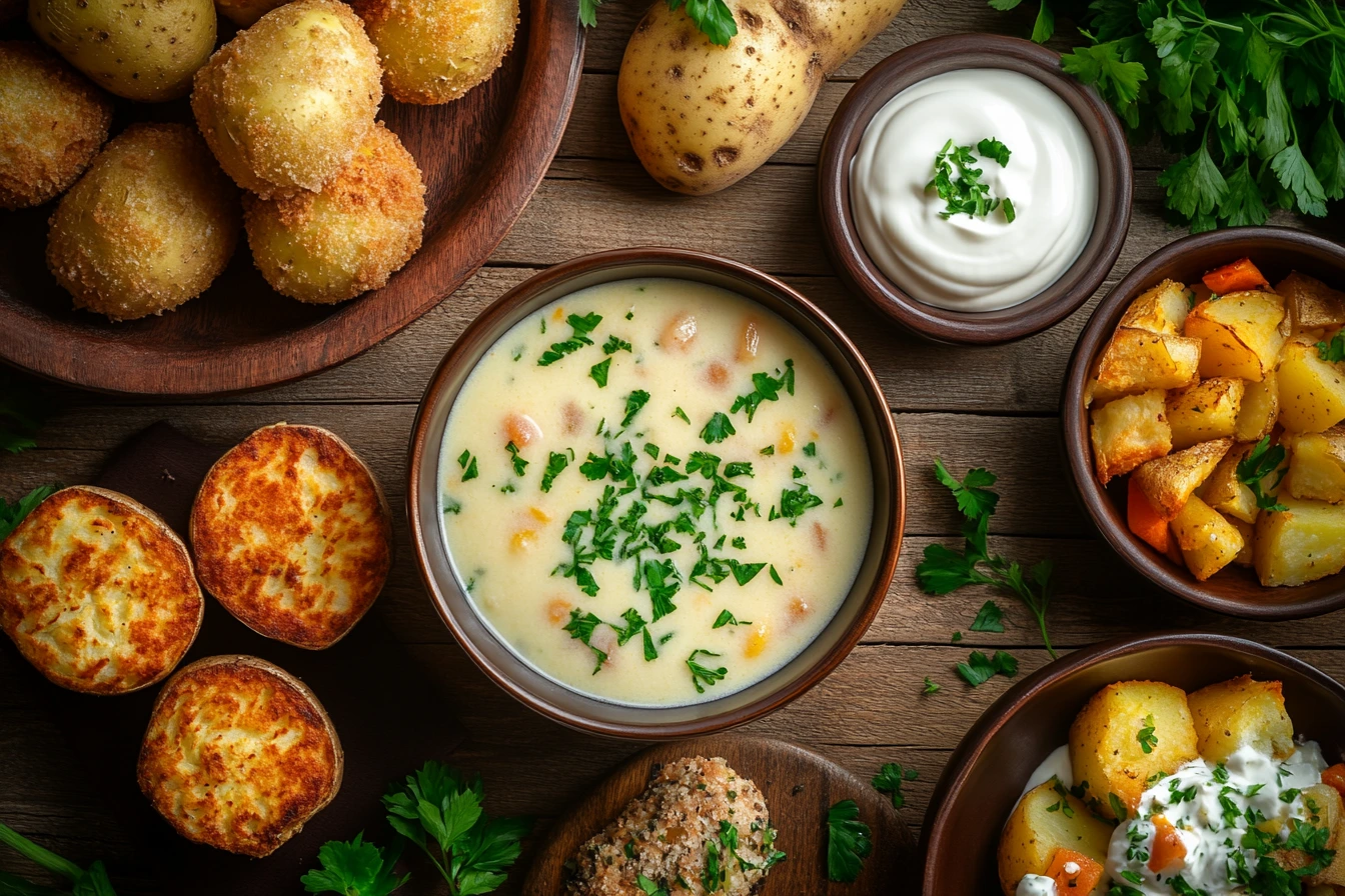 A variety of leftover baked potato recipes, including potato soup, croquettes, and stuffed skins, arranged on a rustic table