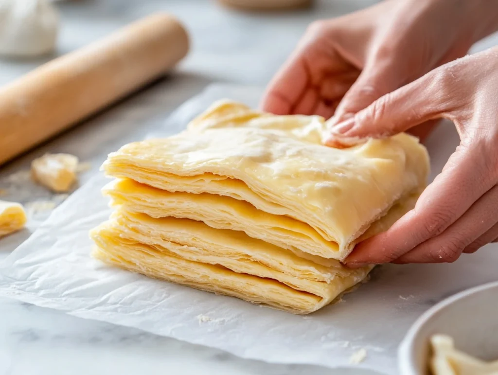  A baker’s hands folding puff pastry dough, with visible golden layers and a marble countertop background.