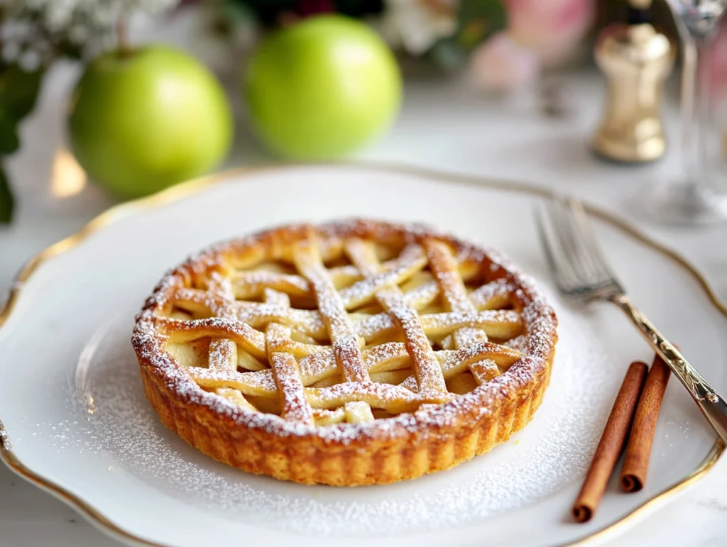 A golden apple tart with a lattice crust, dusted with powdered sugar, and served on a white ceramic plate with apples and cinnamon.