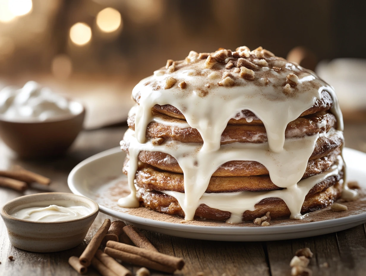 Stack of gooey sourdough cinnamon rolls with cream cheese frosting dripping down, served with cinnamon sticks and a bowl of frosting