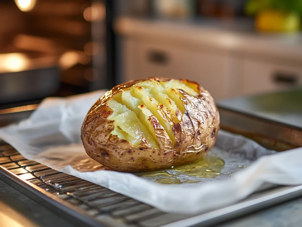 Reheated baked potato with crispy skin on a parchment-lined baking tray in the oven