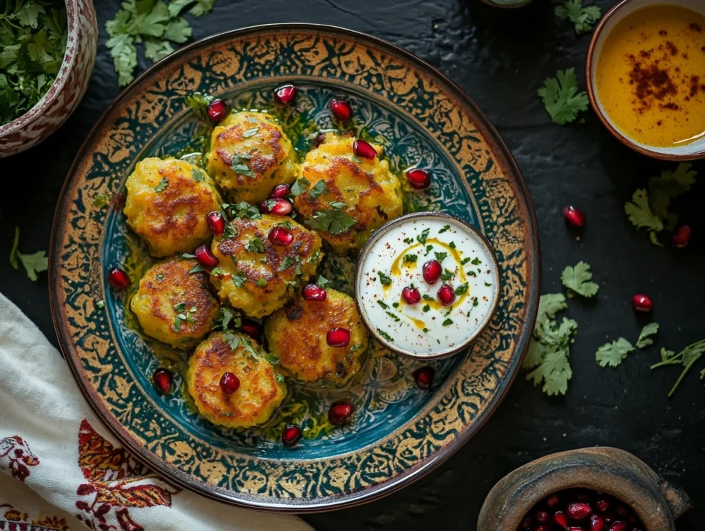 Indian-style potato patties served with green chutney, spiced yogurt, and pomegranate seeds