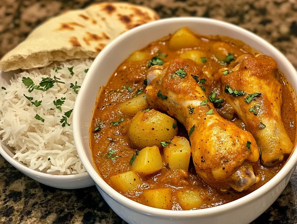 Indian-style crock pot chicken and potatoes in a spiced curry sauce, served with rice and naan bread