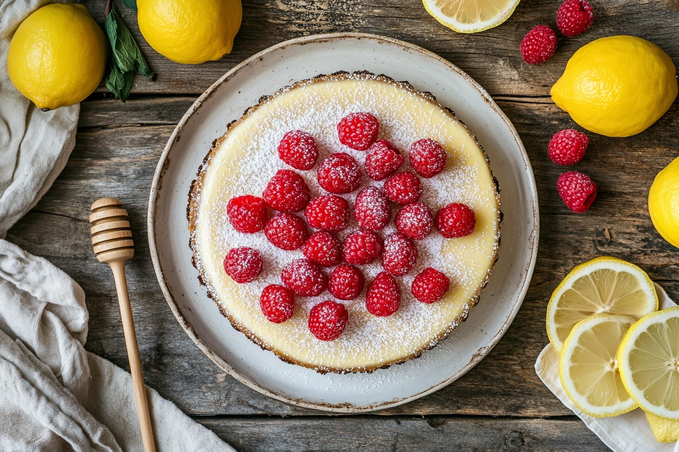 A close-up of a creamy ricotta cheesecake garnished with fresh raspberries and honey on a rustic table