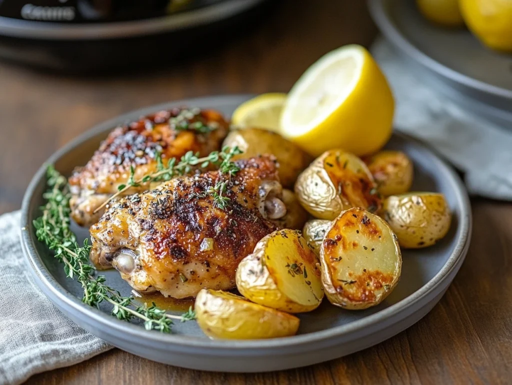 Lemon butter chicken thighs with roasted potatoes, garnished with thyme and lemon wedges