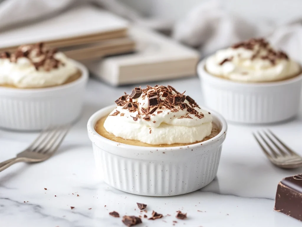 Mini ricotta cheesecakes in ramekins, garnished with whipped cream and chocolate shavings on a marble surface.