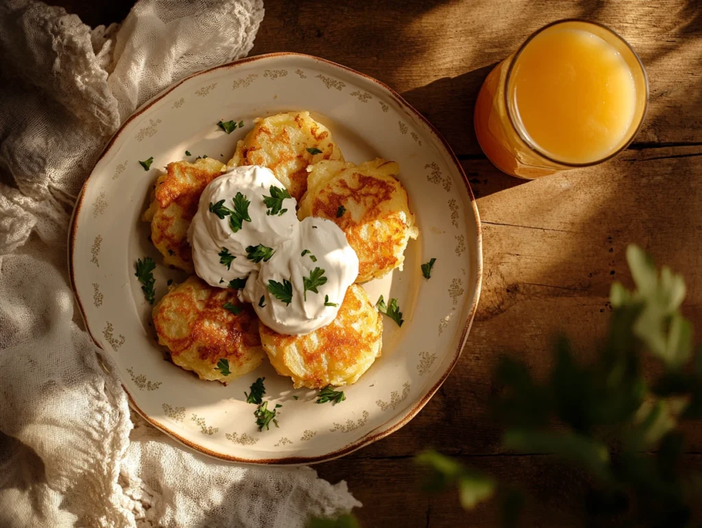 Crispy potato pancakes served with sour cream, applesauce, and fresh parsley, styled for breakfast.