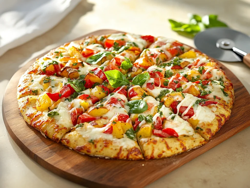 Potato-based pizza crust topped with vegetables, melted cheese, and fresh basil leaves