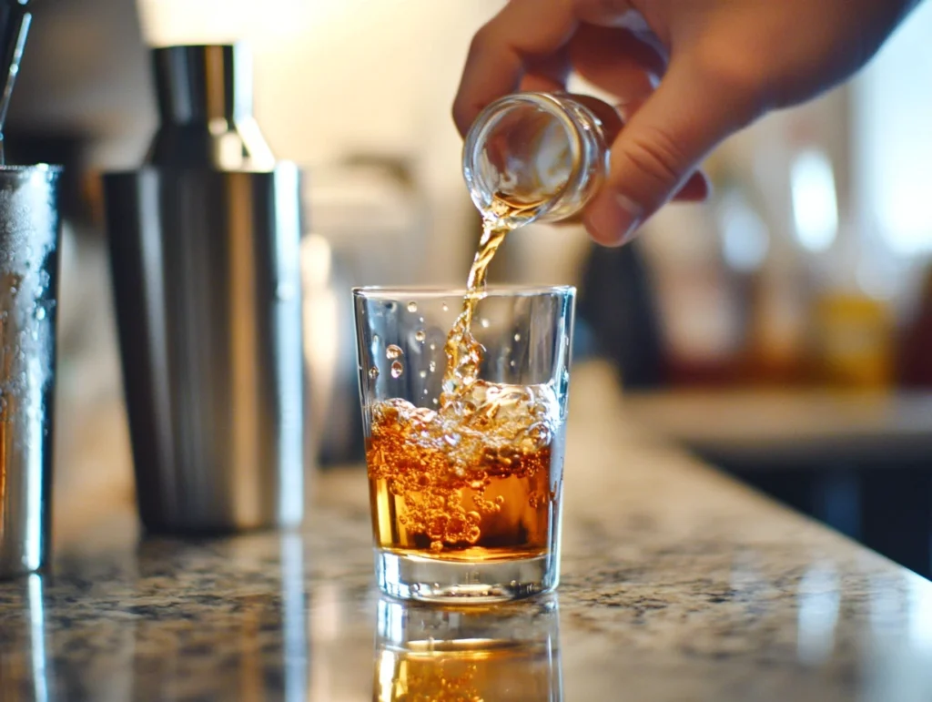 A hand dropping a shot glass filled with whiskey and schnapps into a pint glass of energy drink, creating a fizzing Vegas Bomb cocktail.