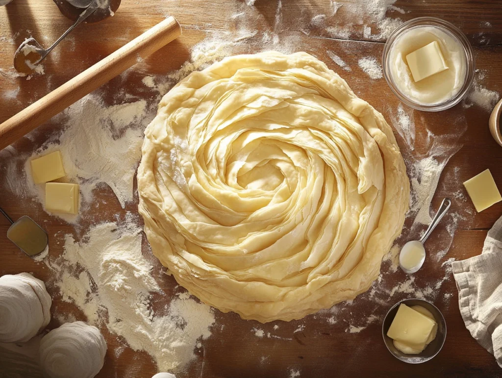 A puff pastry being rolled out with a wooden rolling pin, showcasing its golden layers and surrounded by baking tools.