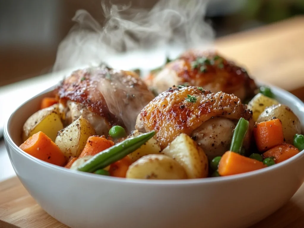 A bowl of slow-cooked chicken thighs and red potatoes with colorful vegetables