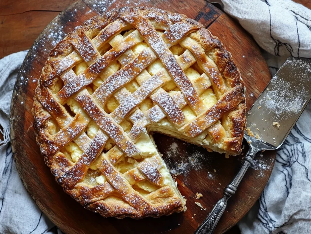 A golden-brown Italian ricotta pie with a lattice crust, sliced to show the creamy ricotta filling