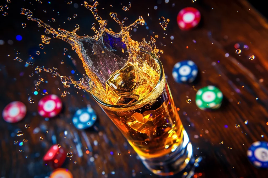 Close-up of a Vegas Bomb cocktail mid-splash, showcasing whiskey and schnapps being dropped into an energy drink with vibrant neon-themed decorations