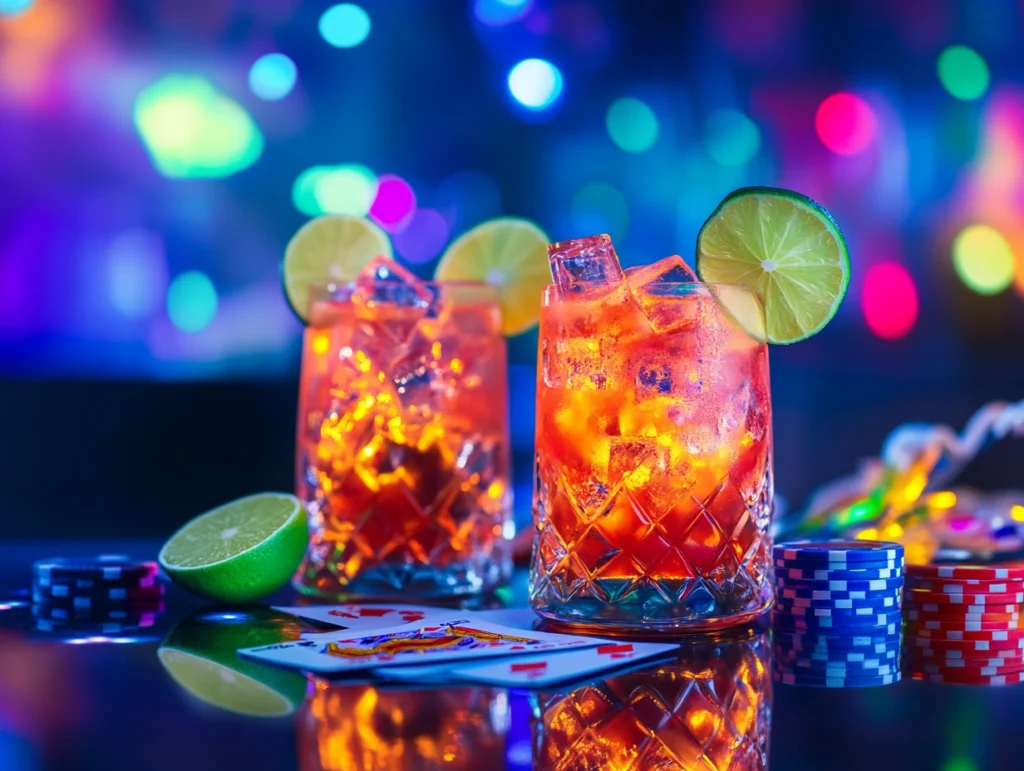 Two Vegas Bomb cocktails garnished with lime, placed on a sleek black table with neon lights, poker chips, and party decorations.