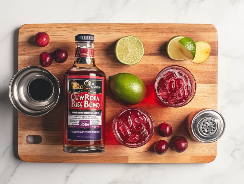 Overhead shot of Vegas Bomb cocktail ingredients, including whiskey, Peach Schnapps, cranberry juice, an energy drink can, and a cocktail shaker on a wooden board.