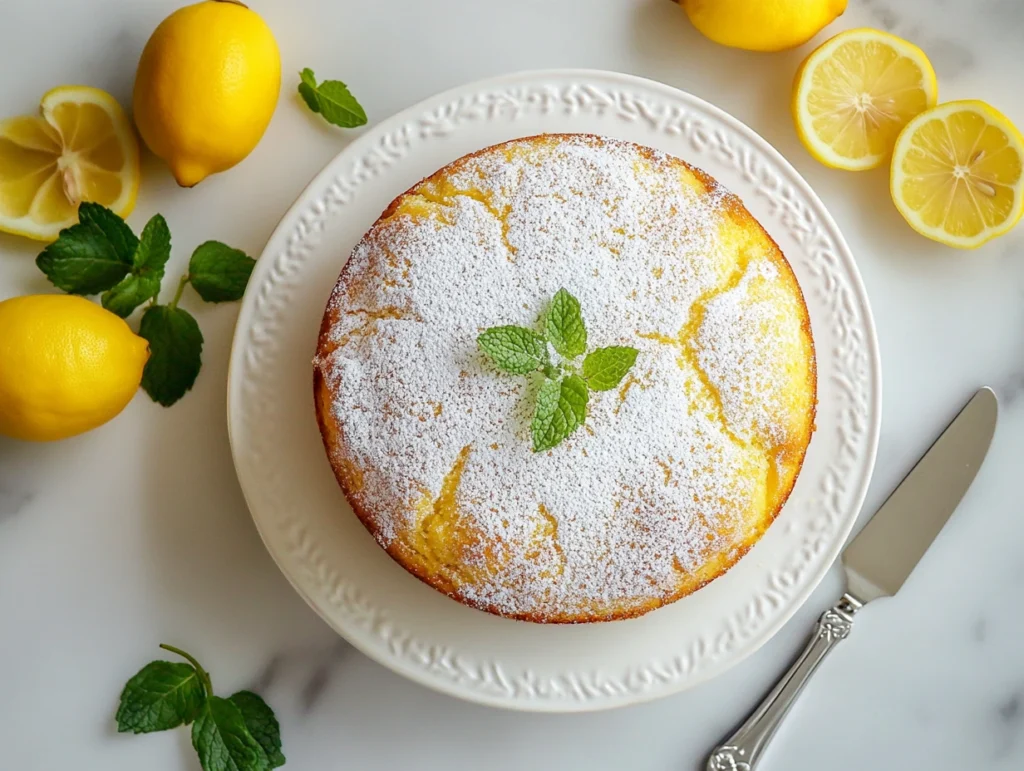 A lemon ricotta cake on a white cake stand, surrounded by sliced lemons and mint leaves