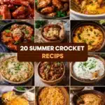 20+ Easy Crockpot Meals for Summer That Won’t Heat Up Your Kitchen 12 Collage of 8 colorful summer crockpot recipes including chili, glazed wings, cheesy lasagna, and creamy dips with bold text overlay