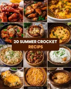 Collage of 8 colorful summer crockpot recipes including chili, glazed wings, cheesy lasagna, and creamy dips with bold text overlay