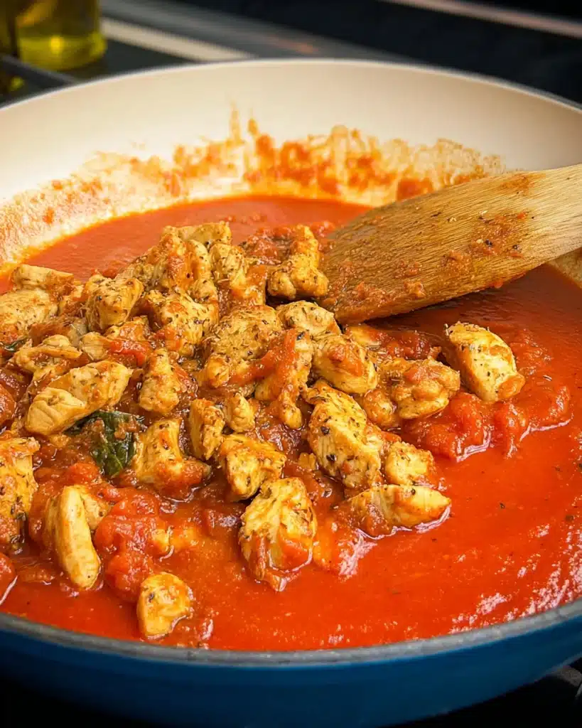 Seared chicken added to tomato sauce in a skillet during homemade butter chicken preparation