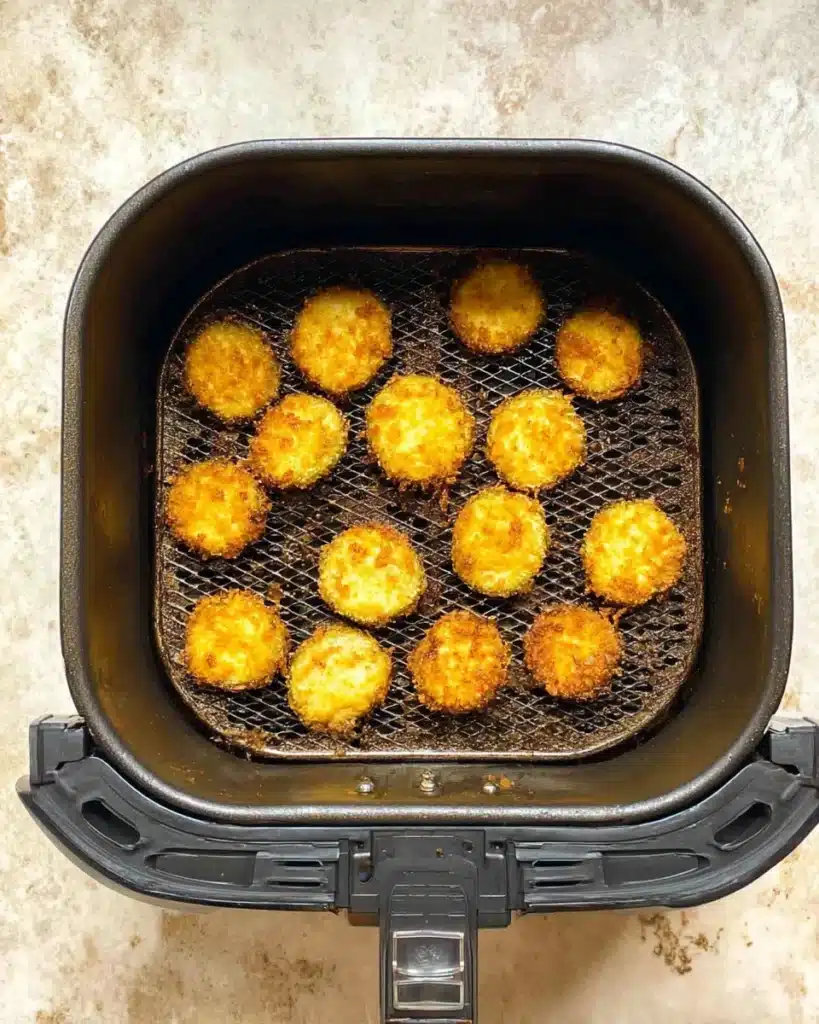 Golden crispy fried pickles freshly cooked in an air fryer basket on a marble countertop.