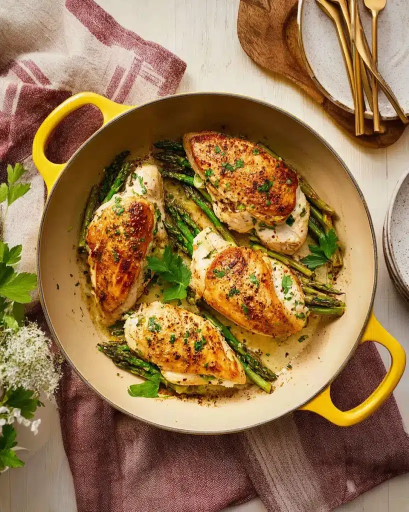 Melt In Your Mouth Chicken Breast Recipe (Easy & Juicy!) 7 Stuffed chicken breasts with asparagus and herbs in a yellow skillet
