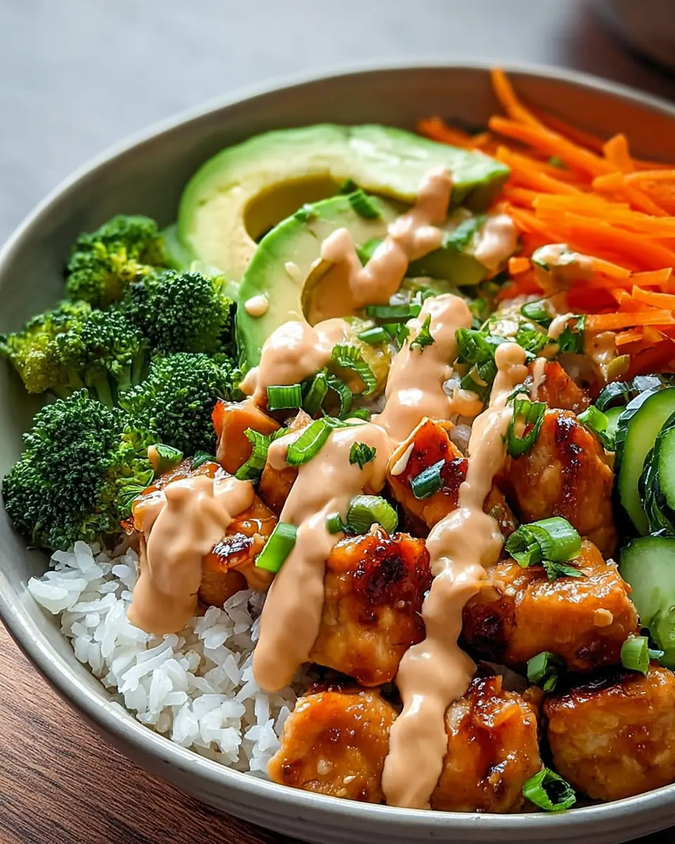 Bang Bang Chicken Bowl (Quick, Creamy & Sensational Dinner in 25 Minutes) 4 Assembled Bang Bang Chicken Bowl with spicy mayo, grilled chicken, rice, and fresh vegetables