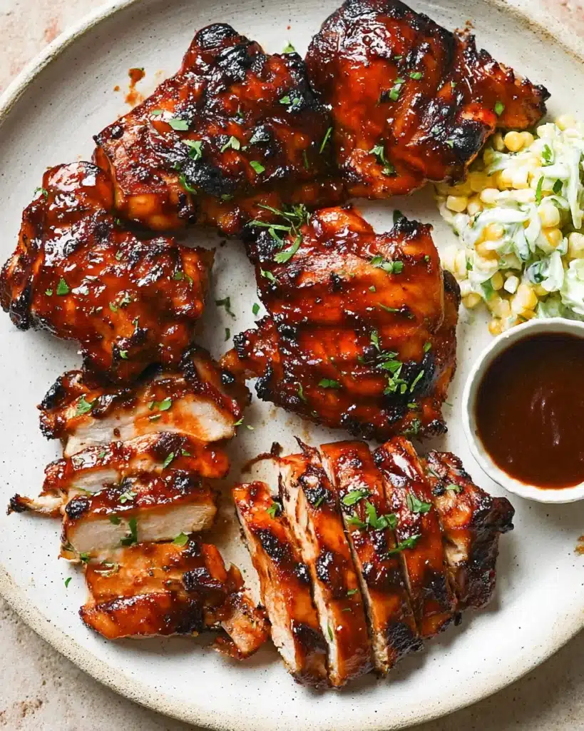 Caramelized BBQ Chicken Thighs in the Oven – Flavorful & Easy 11 Oven BBQ chicken thighs served with corn, coleslaw, and dipping sauce