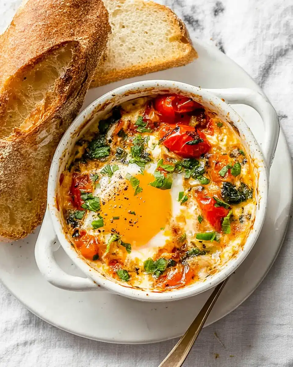 Baked feta eggs with cherry tomatoes, spinach, and herbs in a white ramekin, served with crusty bread on a plate.