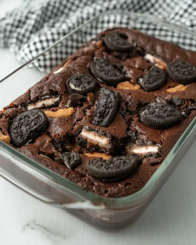 Oreo Dump Cake (Easy 5-Ingredient Dessert) 5 Freshly baked Oreo dump cake with crispy cookie topping in a ceramic dish on a wooden surface
