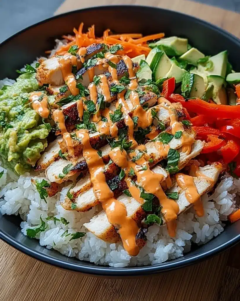 Grilled bang bang chicken bowl with spicy mayo, avocado, and vegetables over rice