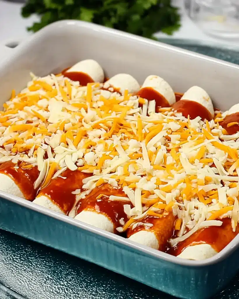 Unbaked beef enchiladas topped with shredded cheese and enchilada sauce in a ceramic dish